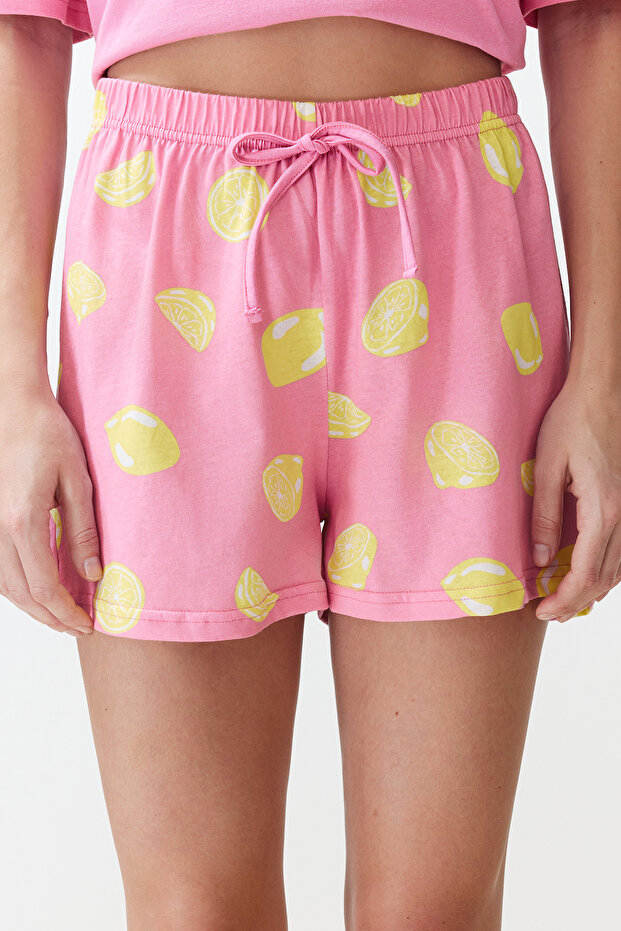 Pembe %100 Pamuklu Slogan ve Limon Baskılı Şortlu Örme Pijama Takımı THMSS24PT00226 - 4