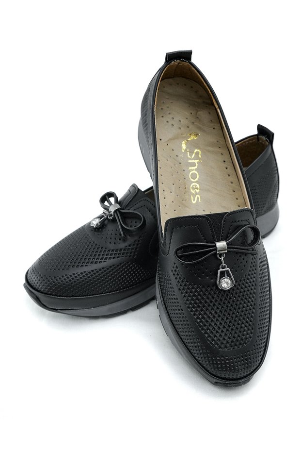 Women's Black Laser Cut Pattern Orthopedic Bow Buckle Detail Comfortable Insole Casual Shoes