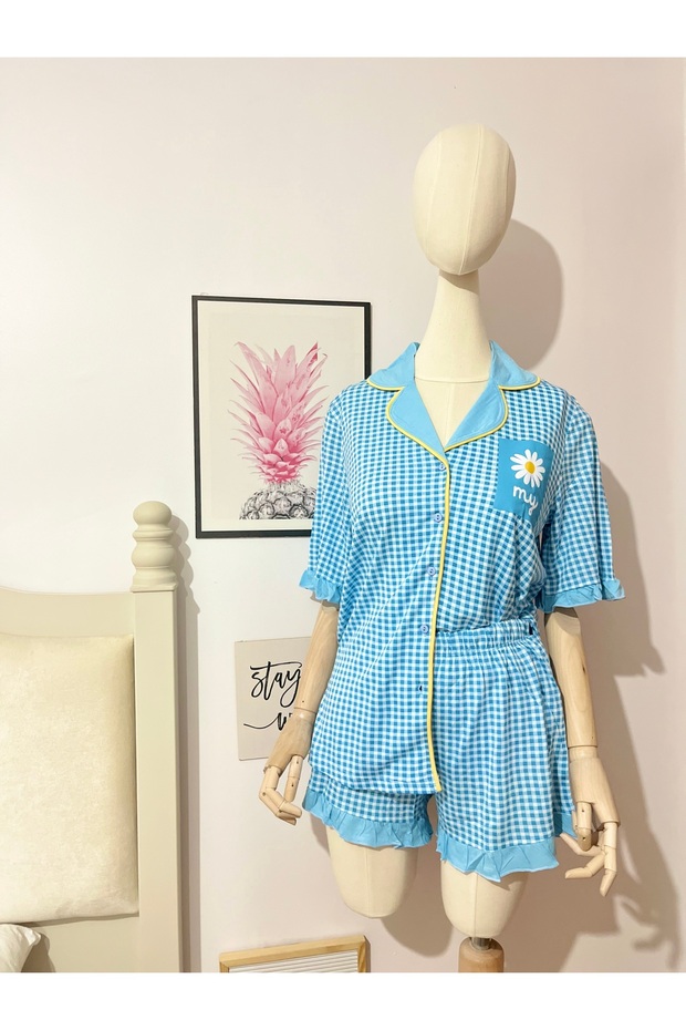 Bebek Mavisi Pötikareli Fırfırflı Şortlu Pijama Takımı - 6