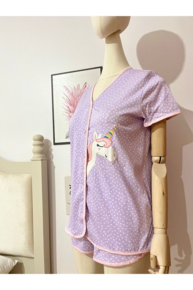 Unicorn İşlemeli Lila Şortlu Pijama Takımı - 4