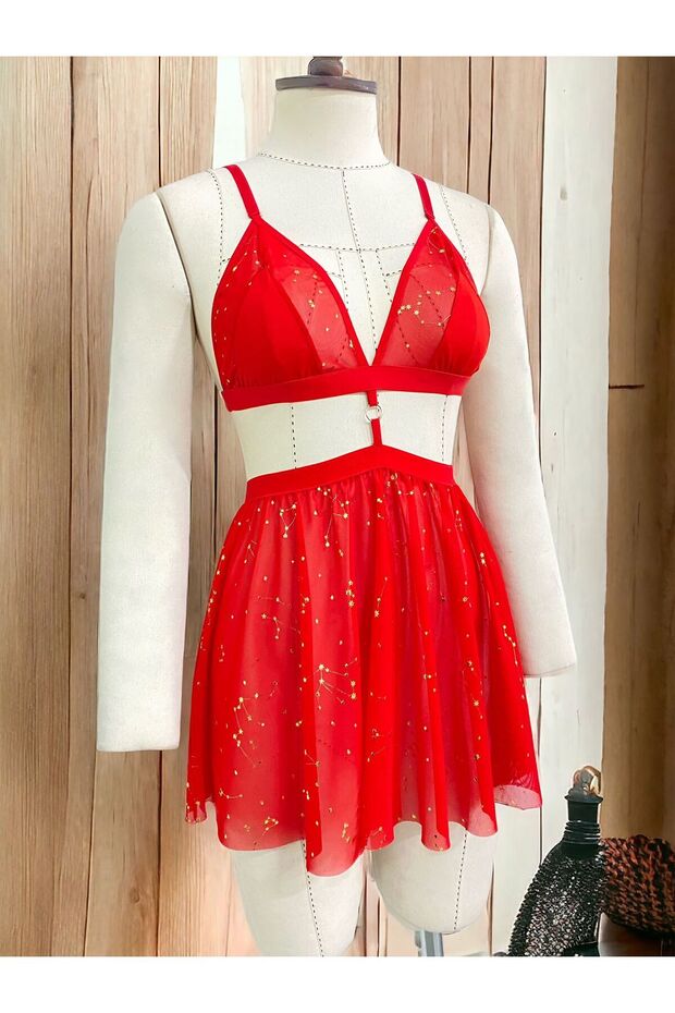 Gold Patterned Shiny Nightgown Set - 3