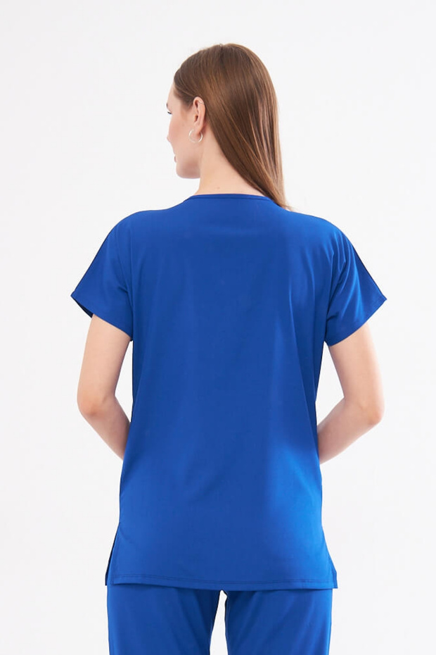 Tek Üst Saks Mavisi Unisex Yarasa Kol Likralı Hemşire Ve Doktor Forması Üstü Scrubs - 3