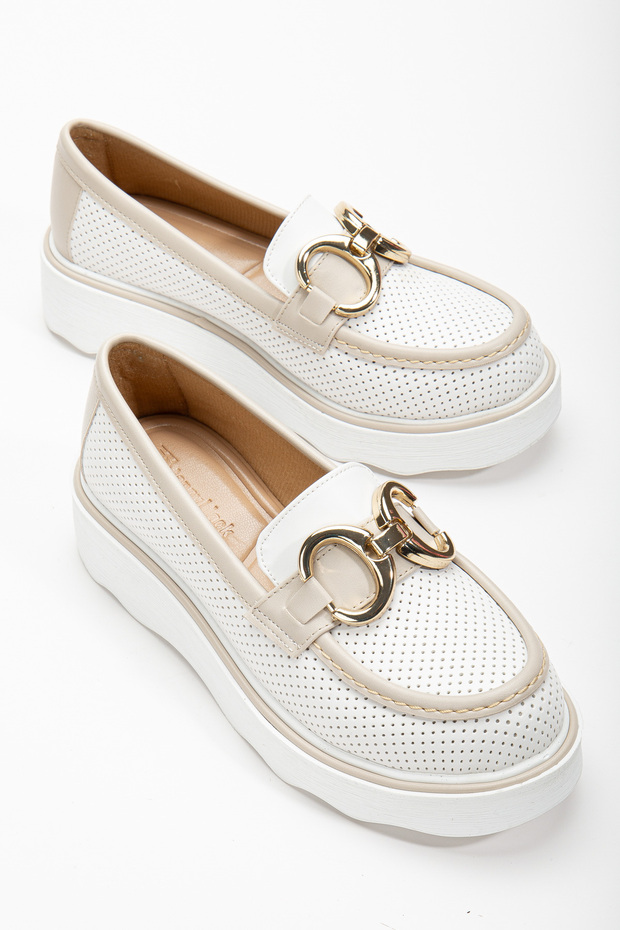 Women's White Skin Comfortable Fit Front Buckle Thick Sole Loafer