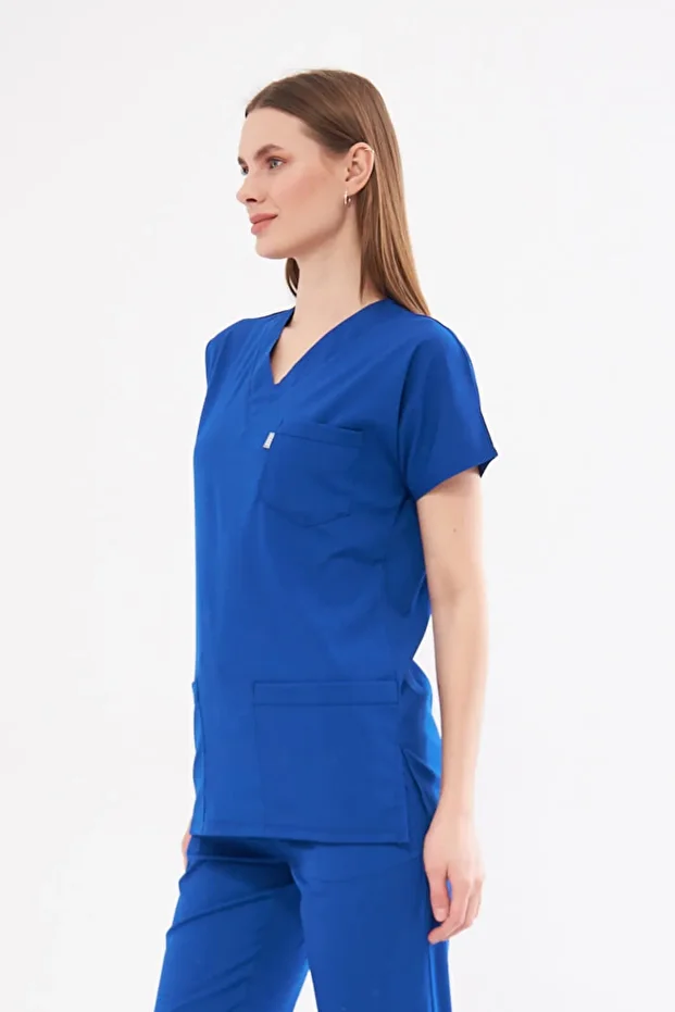 Tek Üst Saks Mavisi Unisex Yarasa Kol Likralı Hemşire Ve Doktor Forması Üstü Scrubs - 5