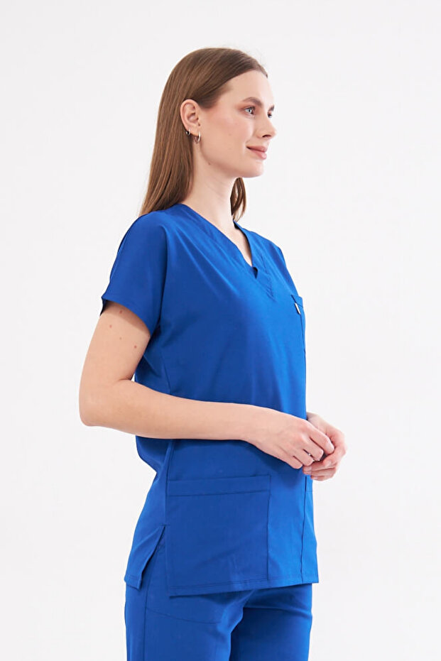 Tek Üst Saks Mavisi Unisex Yarasa Kol Likralı Hemşire Ve Doktor Forması Üstü Scrubs - 4