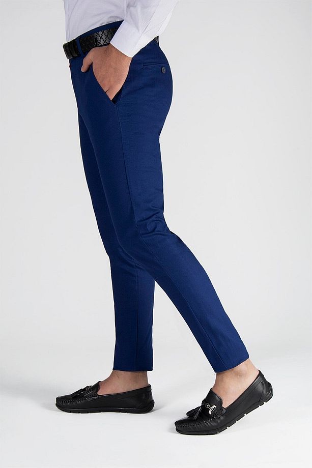 Erkek Slim Fit Petekli Italyan Kesim Keten Pantolon 21k-2200420-6 Parlement Mavisi - 2