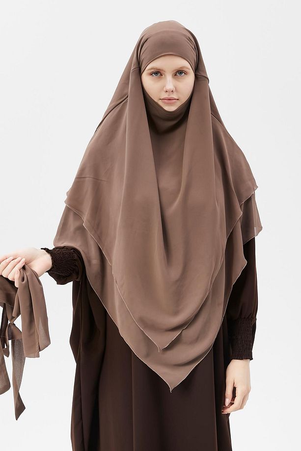 Hazır Pratik Şifon Üç Katlı Peçeli Üçgen Hac Umre Şalı Sufle Hijab Nikap Koyu Vizon - 8