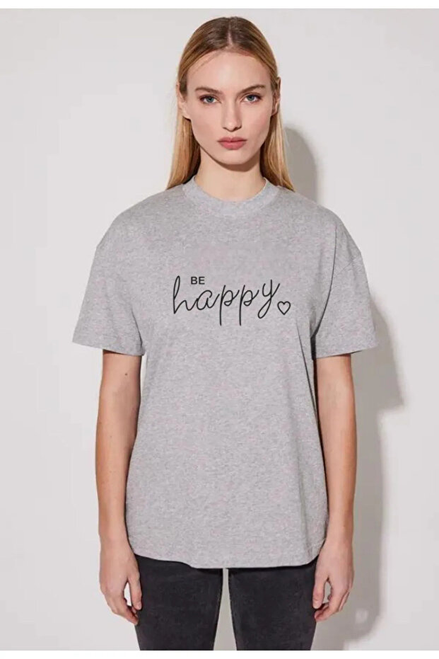 تيشيرت كبير الحجم مطبوع عليه Be Happy