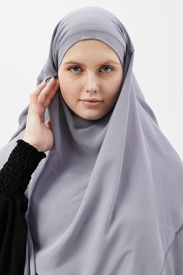 Hazır Pratik Şifon Üç Katlı Peçeli Üçgen Hac Umre Şalı Sufle Hijab Nikap Gri - 5