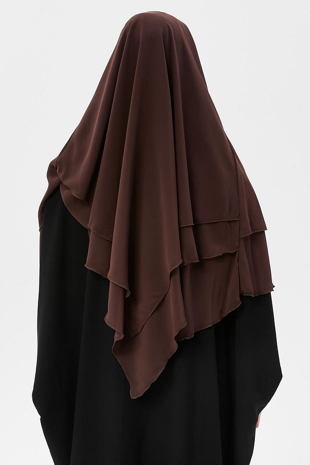 Hazır Pratik Şifon Üç Katlı Peçeli Üçgen Hac Umre Şalı Sufle Hijab Nikap Kahve Rengi - 3