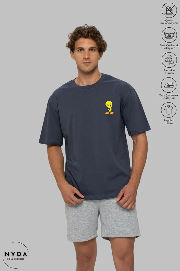 Unisex Crew Neck Tweety Printed Cotton Oversize Short Sleeve T-Shirt