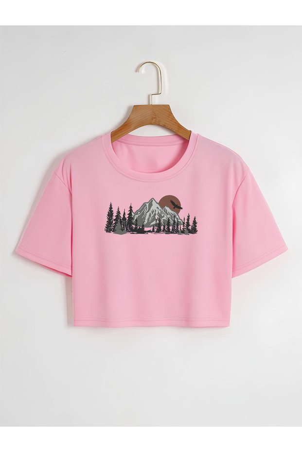 Women's Oversize Crew Neck Mountain Printed Crop T-shirt