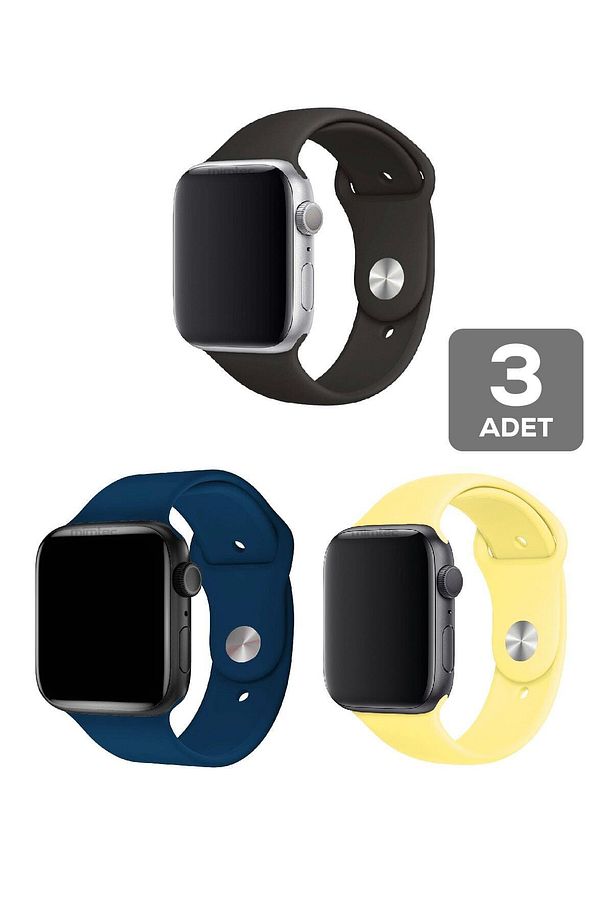 Apple Watch 4 5 6 7 8 9 10 Se 38 40 41mm Kordon Kayış 3 Adet Set Bileklik Klasik Kaliteli Silikon - 1