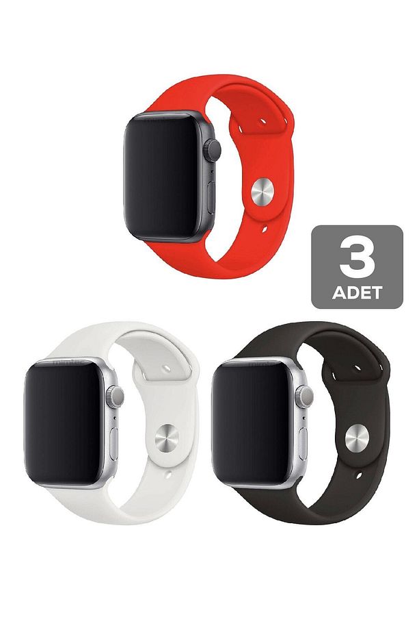 Apple Watch 4 5 6 7 8 9 10 Se 38 40 41mm Kordon Kayış 3 Adet Set Bileklik Klasik Kaliteli Silikon - 1