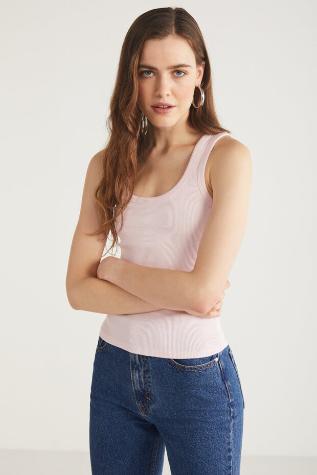 Lıllesol Kadın Fitilli Görünümlü Kalın Askılı Basic Pembe Bluz Atlet - 2