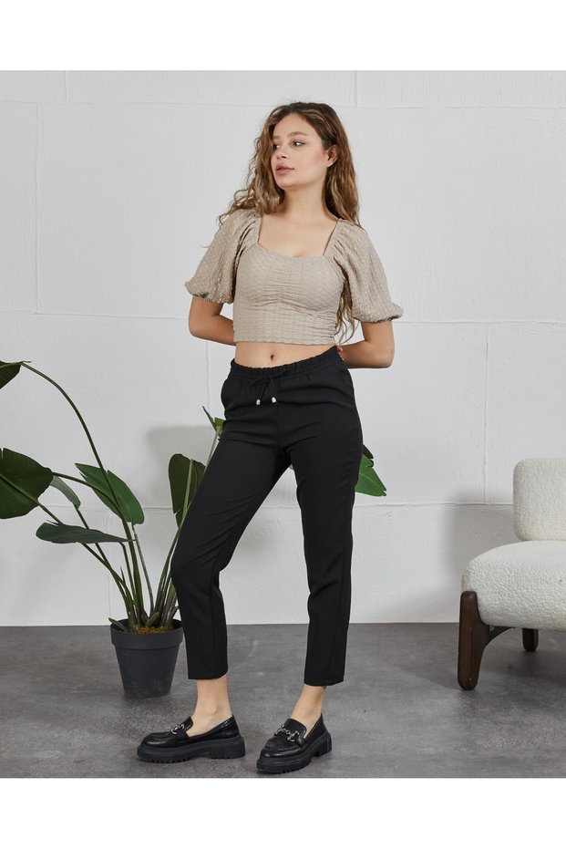 Women's Carrot Cut Ankle Length Rope Detailed Pocket Elastic Waist Fabric Trousers