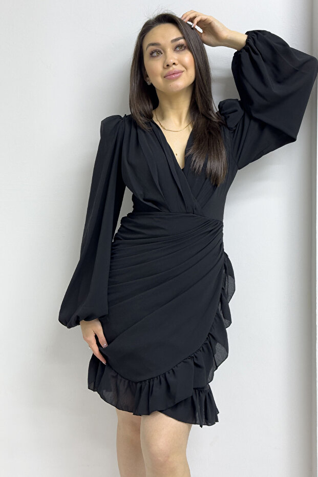 Women's Double Breasted Collar Mini Draped Chiffon Dress Beige, Black