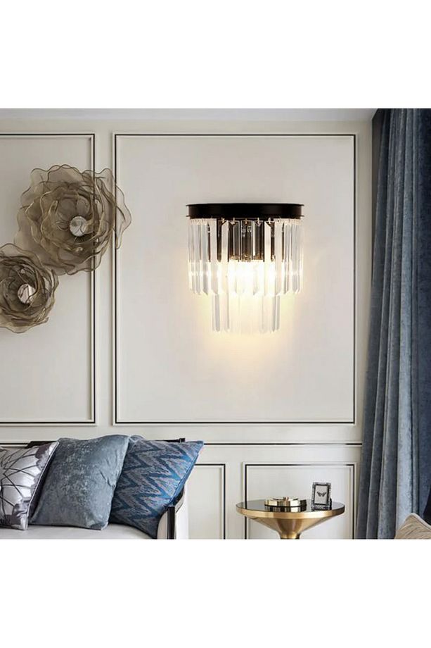 Modern Kristal Taşlı Kablosuz Pilli Aplik Aç Kapa Butonlu Tak Çalıştır Ledli Aplik Siyah - 4