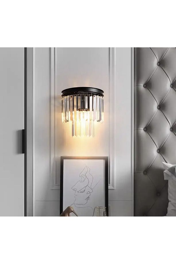 Modern Kristal Taşlı Kablosuz Pilli Aplik Aç Kapa Butonlu Tak Çalıştır Ledli Aplik Siyah - 2