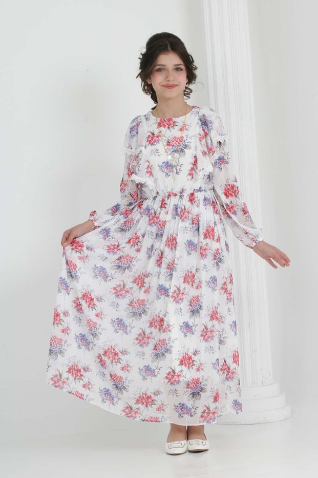 Young Girl Long Length Chiffon Floral Dress Suitable for Hijab