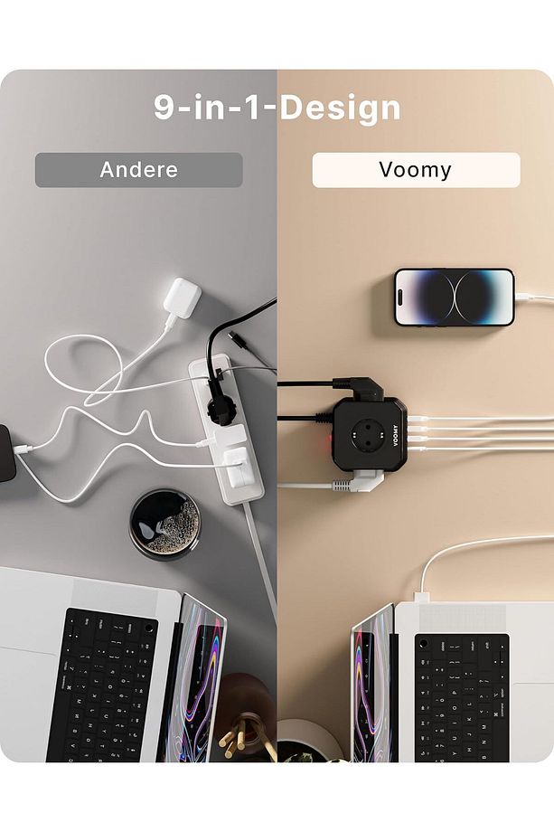 PowerCube 9'u 1 Arada USB'li Priz, Yüksek Gerilim Koruması 2500W 2M Kablo - 4