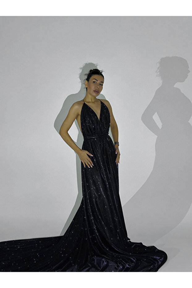 Özel Tasarım Simli Siyah Uzun Elbise - 3