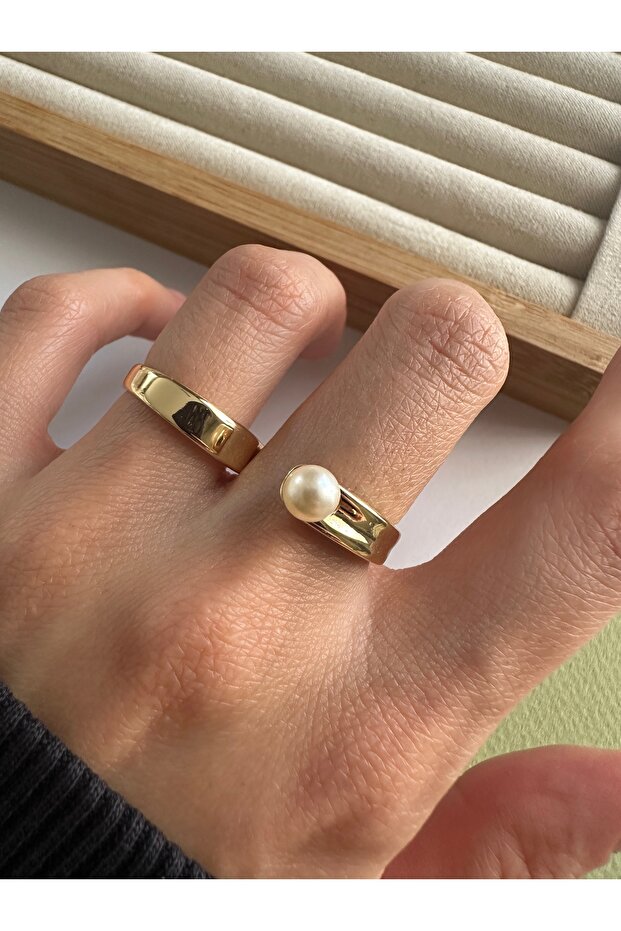Gold Pearl Two Finger Ring - 5