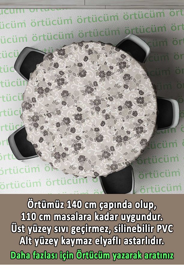 Yuvarlak Pvc Muşamba Mutfak Masa Örtüsü Elyaflı Astarlı Silinebilir Naylon 140 cm Siyah Çiçek - 2