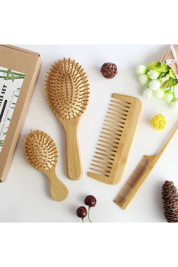 4 Adet Doğal Bambu Fırça Tarak Seti %100 Bambu Set - 3