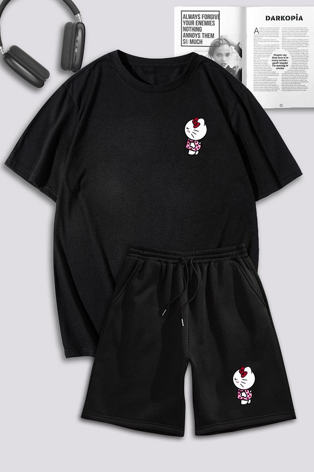 Unisex Kadın Erkek Hello Kitty Baskılı Özel Tasarım Oversize Tshirt Ve Şort Eşofman Takımı - 1