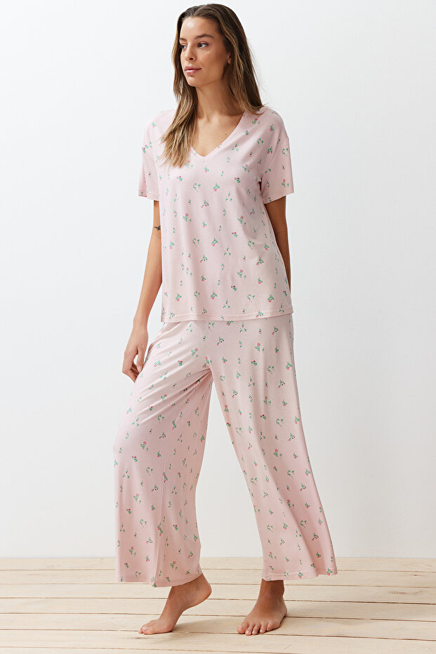 Pudra-Çok Renkli Çiçekli Örme Pijama Takımı THMSS24PT00231 - 3