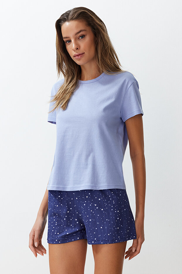 Mavi %100 Pamuklu Yıldız Desenli Şortlu Örme Pijama Takımı THMSS24PT00202 - 2