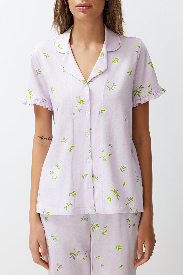 Pembe-Çok Renkli %100 Pamuklu Çiçekli Fırfır Detaylı Örme Pijama Takımı THMSS24PT00227 - 4