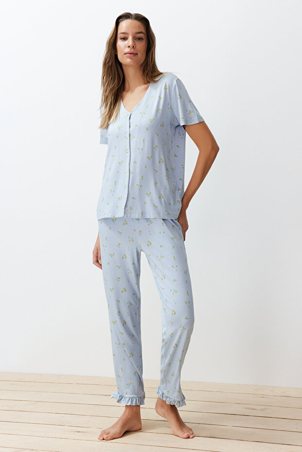 Blue-Multicolor Floral Ruffle Detail Knitted Pajama Set THMSS24PT00232