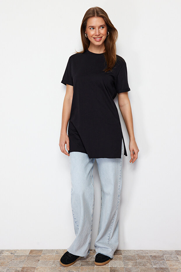 Siyah %100 Pamuk Basic Kısa Kollu Yırtmaçlı Süprem İçlik T-Shirt TCTSS21TN0056 - 1