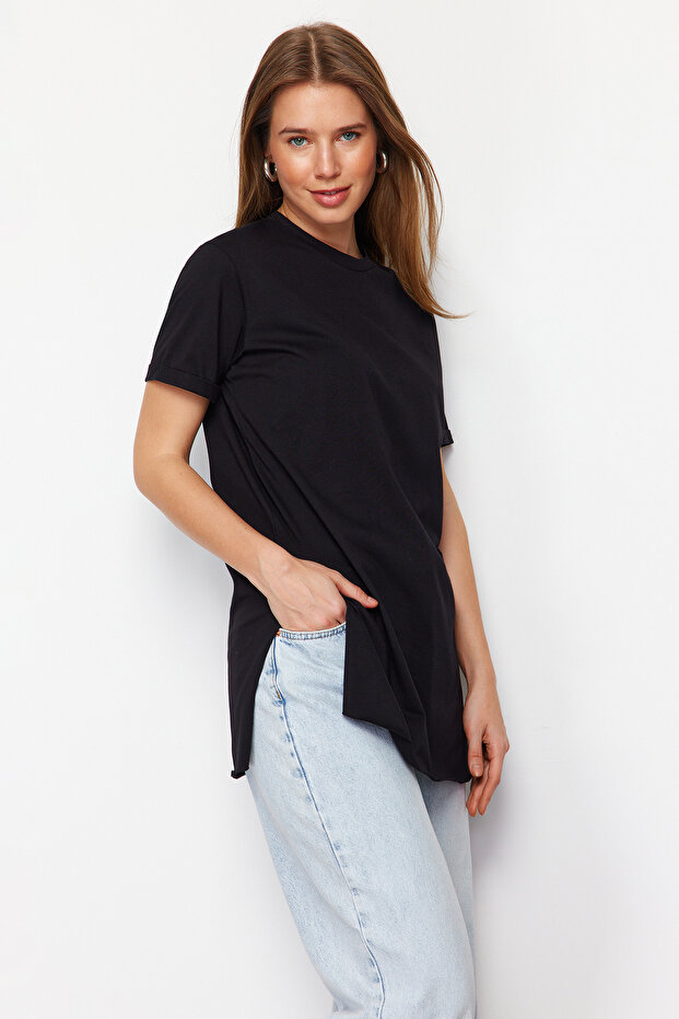 Siyah %100 Pamuk Basic Kısa Kollu Yırtmaçlı Süprem İçlik T-Shirt TCTSS21TN0056 - 3