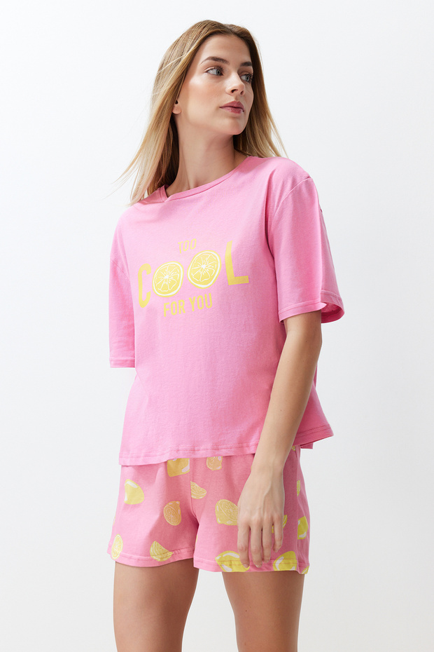Pembe %100 Pamuklu Slogan ve Limon Baskılı Şortlu Örme Pijama Takımı THMSS24PT00226 - 2