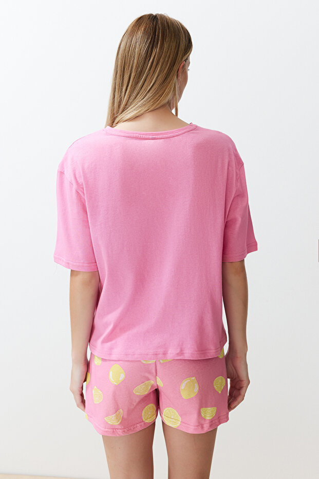 Pembe %100 Pamuklu Slogan ve Limon Baskılı Şortlu Örme Pijama Takımı THMSS24PT00226 - 6