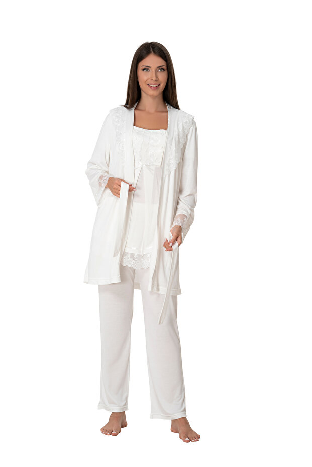 Effortt Ecru Cotton Maternity Pajama Set with Dressing Gown