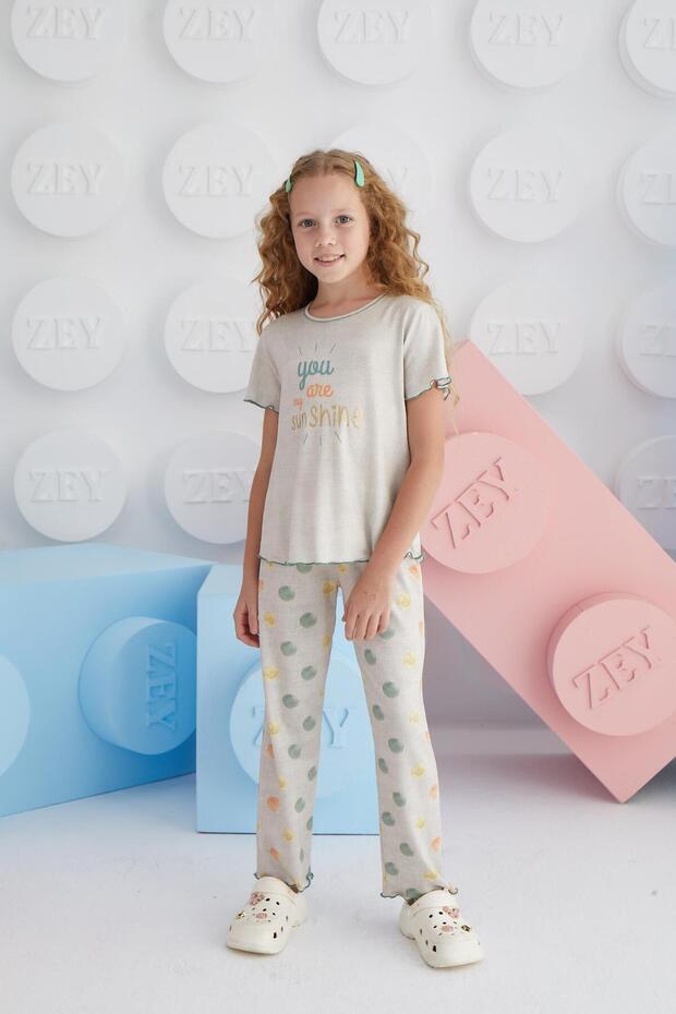 Girl Waiter Short Sleeve Beige Melange Pajamas Set C3T8N68