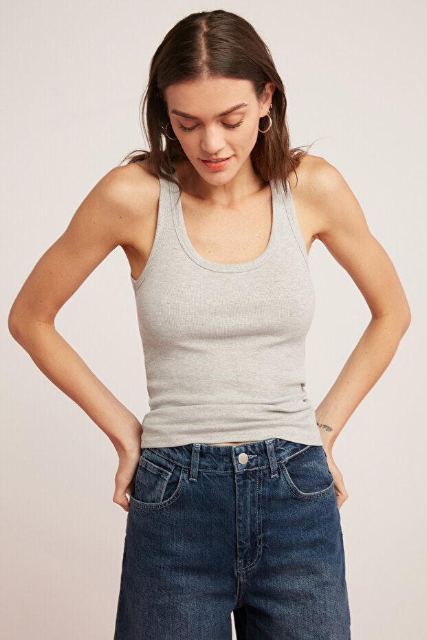 Lıllesol Kadın Fitilli Görünümlü Kalın Askılı Basic Gri Atlet - 3