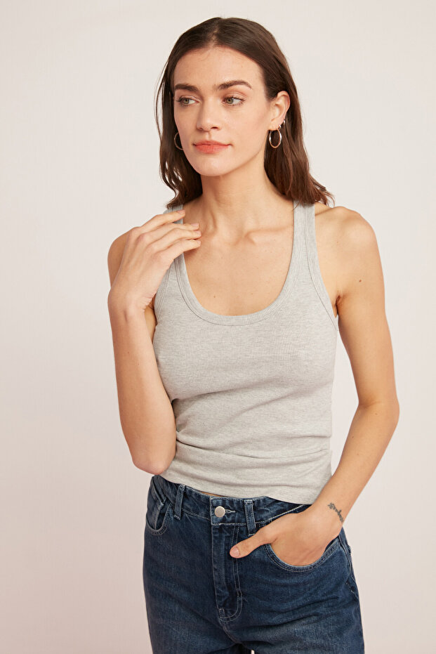 Lıllesol Kadın Fitilli Görünümlü Kalın Askılı Basic Gri Atlet - 1