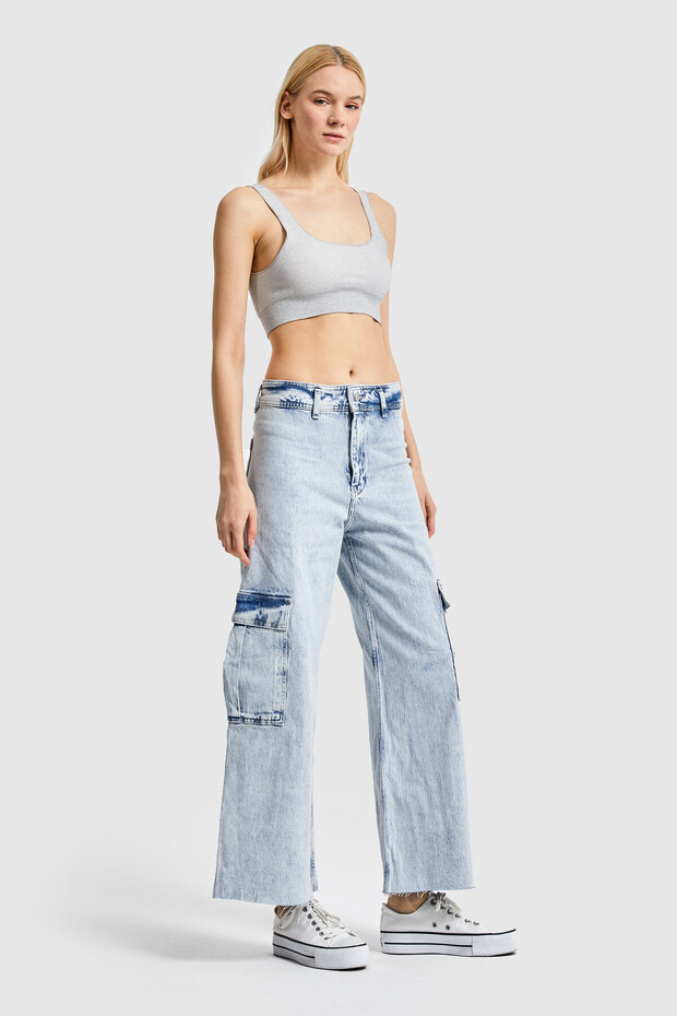 Women's Snow Jeans Color Culotte Cargo Fit Denim Trousers