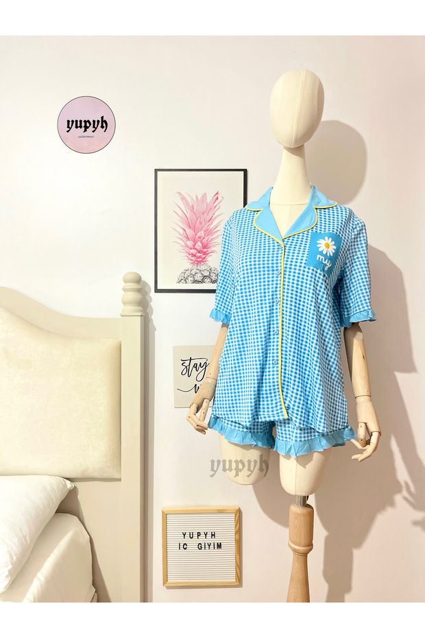 Bebek Mavisi Pötikareli Fırfırflı Şortlu Pijama Takımı - 1