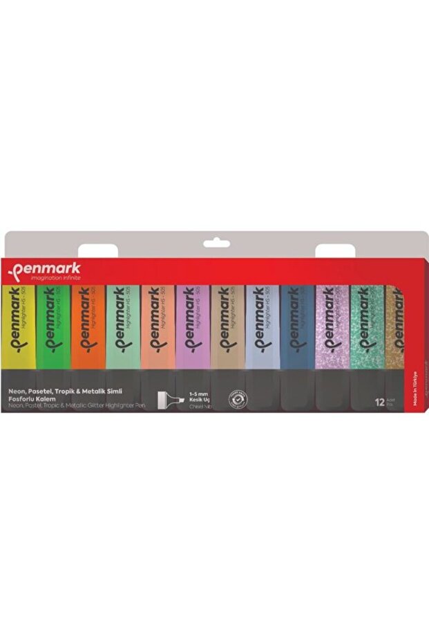 Highlighter Pen Set of 12 Acetate, Mixed Colors: 3 Neon + 3 Pastel + 3 Tropical + 3 Glittery