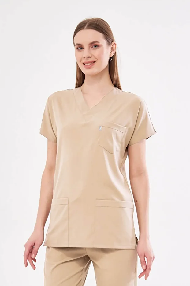 Tek Üst Bej Unisex Yarasa Kol Likralı Hemşire Ve Doktor Forması Üstü Scrubs - 1