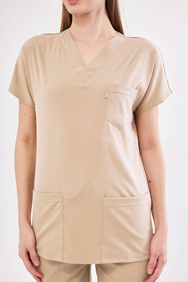 Tek Üst Bej Unisex Yarasa Kol Likralı Hemşire Ve Doktor Forması Üstü Scrubs - 6