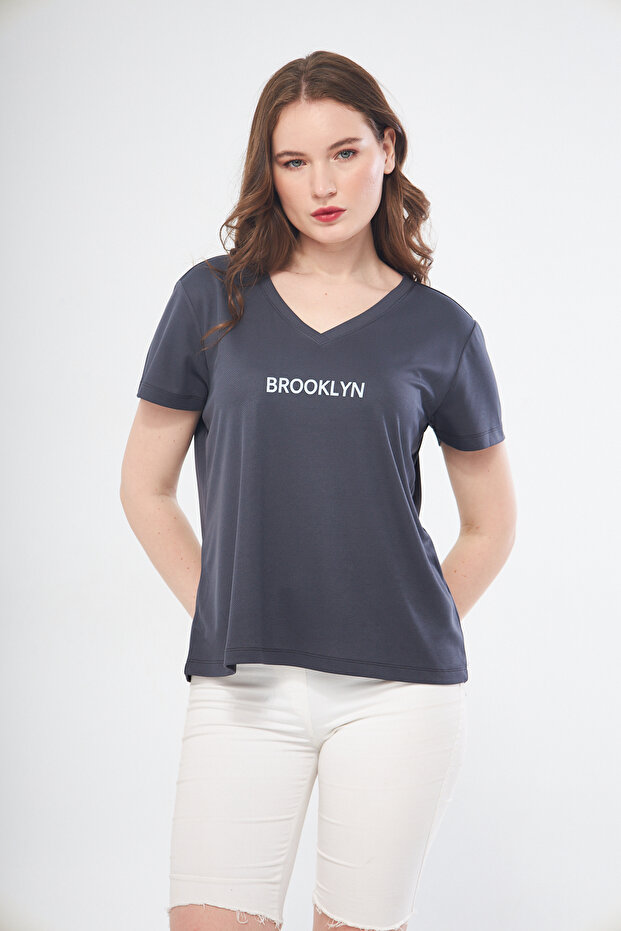 Sports T-shirt Anthracite Color V-Neck Brooklyn Printed