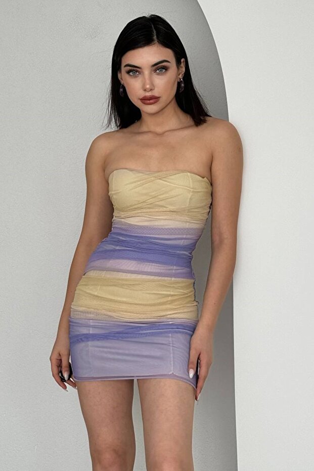 Women's Lined Tulle Fabric Strapless Collar Double Color Mini Evening Dress 233