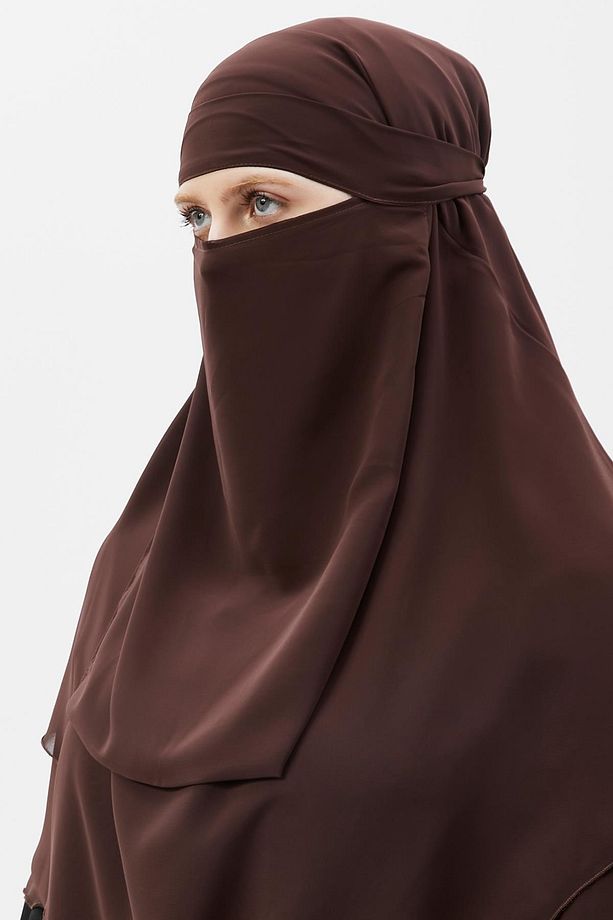 Hazır Pratik Şifon Üç Katlı Peçeli Üçgen Hac Umre Şalı Sufle Hijab Nikap Kahve Rengi - 6